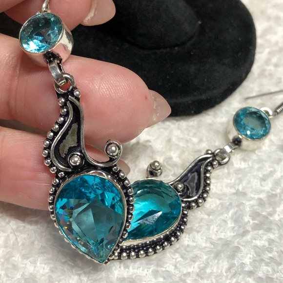 🦋blue topaz drop dangle earrings sterling 2.48” - Picture 2 of 10